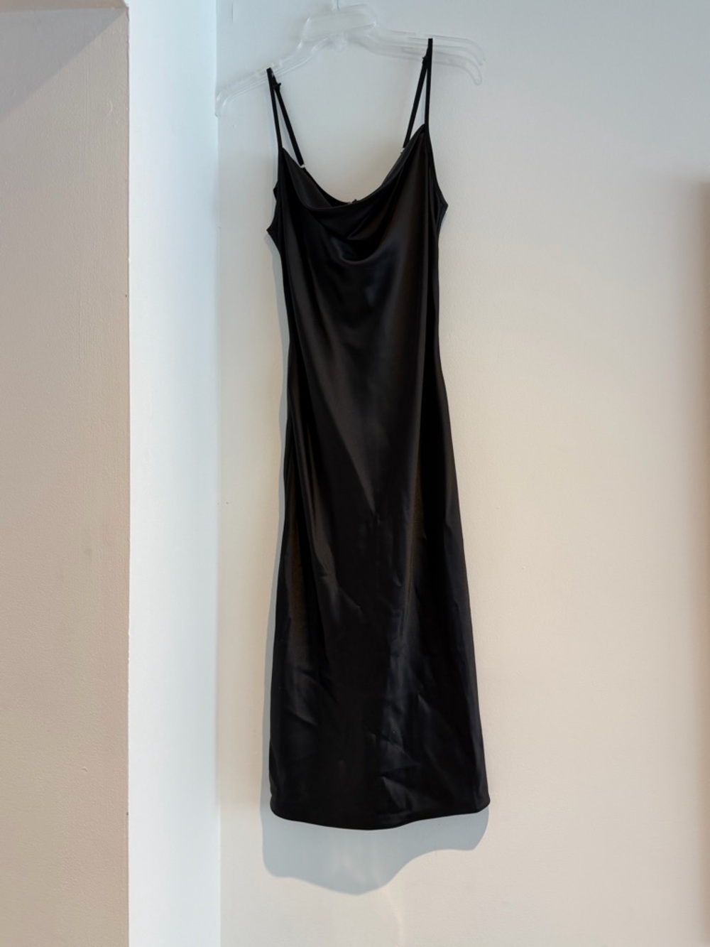 Classic Black Satin Midi Slip Dress with Cowl Neck